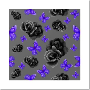 Purple Butterflies and Black Roses w/ Grey Background Posters and Art